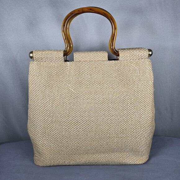 Vintage Handmade Tote Bag Velvet Flowers Woven Straw Look Purse Acrylic Handles - Picture 7 of 12